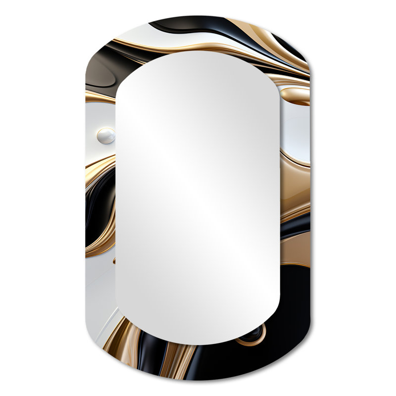 Liquid Gold Black And White Wave Dimension - Abstract Modern Wall Mirror In Asymmetrical Shapes, 31" x 19"