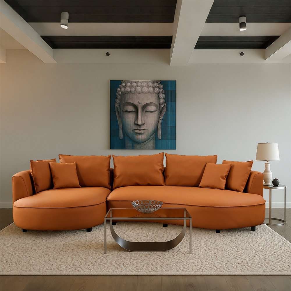 Lakera 128“ Modern Faux Leather Sectional Curved Sofa with Right Chaise, Upholstered Orange Bonded Leather Couch, Leather Sectional Sofas