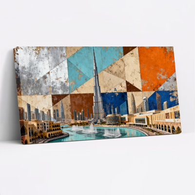 Dubai Cityscape With Burj Khalifa And Geometric Abstract Pattern Canvas Wrapped Wall Art Oil Painting Print Set Of 1