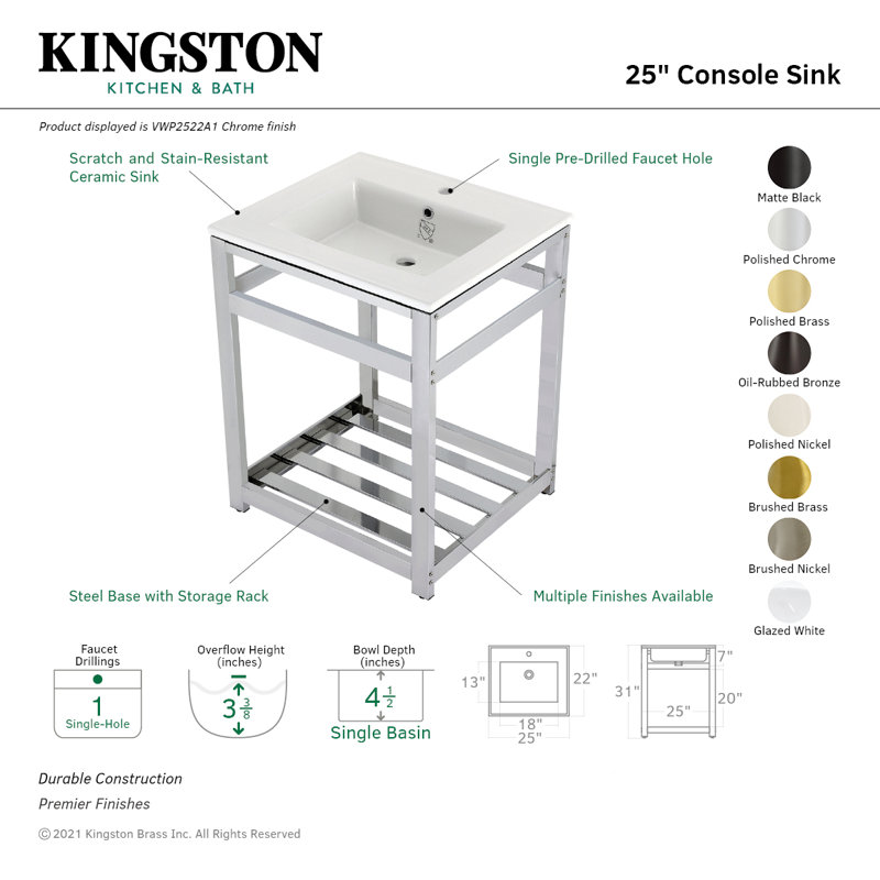 Kingston Brass Quadras 25-Inch Ceramic Console Sink with Stainless Steel Base and Shelf, White/Chrome, Single