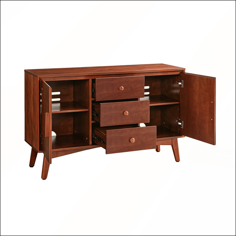 Buffet Mid-Century moderne avec cadre en bois massif, 2 portes, 3 tiroirs et tablettes réglables pour un rangement et une présentation polyvalents