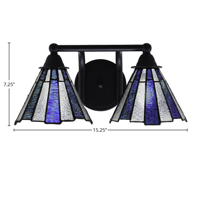 Barre d'éclairage de salle de bain 2 lumières Paramount avec fini noir mat et verre de glace de mer 7 po, Bleu / blanc