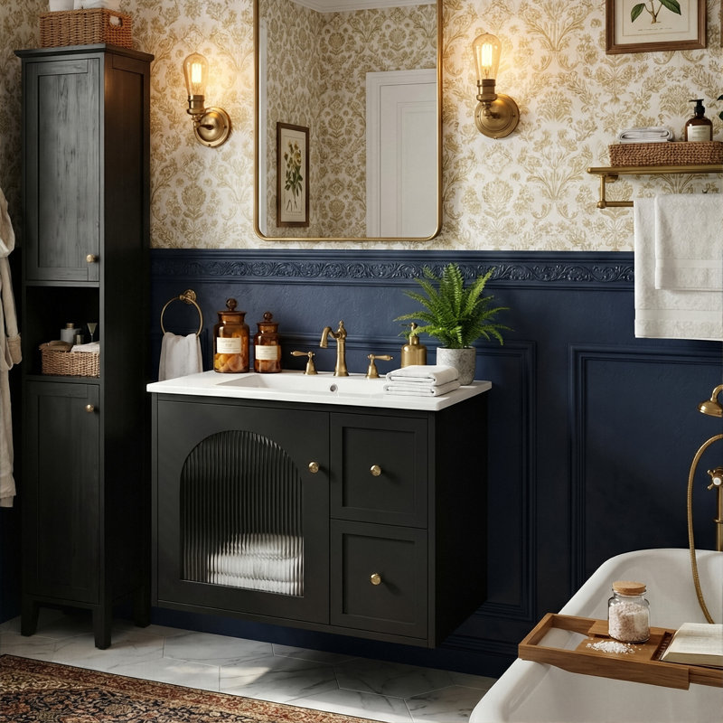 24" Modern Floating Bathroom Vanity With Arched Glass Door, Wall-Mounted Cabinet With Ceramic Sink & 2 Drawers (White / Black / Beige)