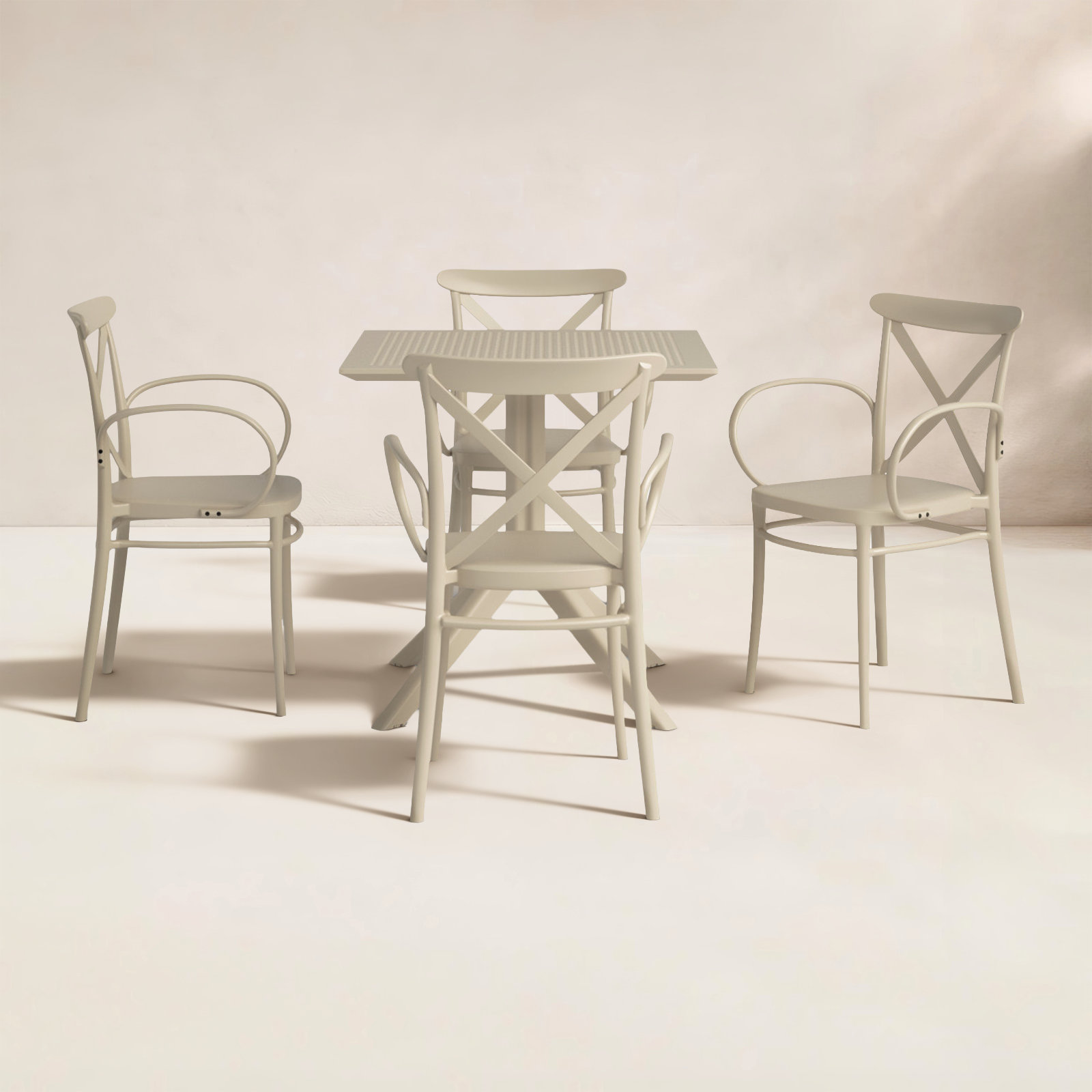 Cordelia 4-Person Plastic Patio Dining Set with Stackable Chairs, Taupe