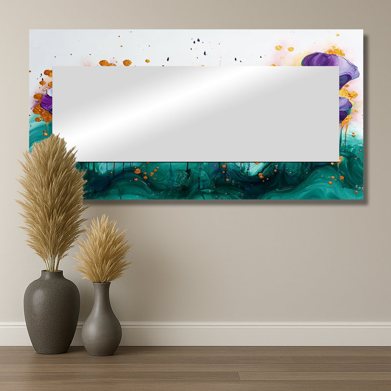 Lavande, pensées sur encre émeraude II - miroir floral pour décoration murale - imprimé sur métal, 28 po x 55 po