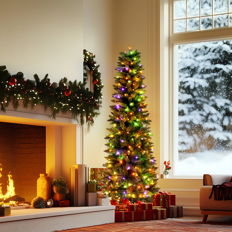 Arbre de Noël épinette mince 6 pi avec 250 lumières DEL, arbre de Noël artificiel, 571 pointes, support en métal et branches articulées