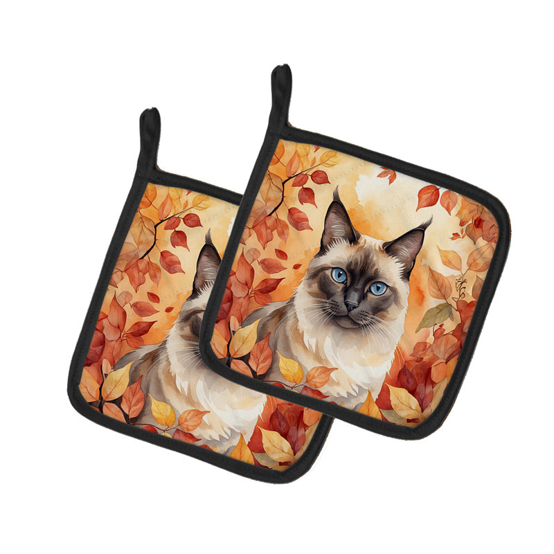 Birman Cat in Fall Leaves Pair of Pot Holders
