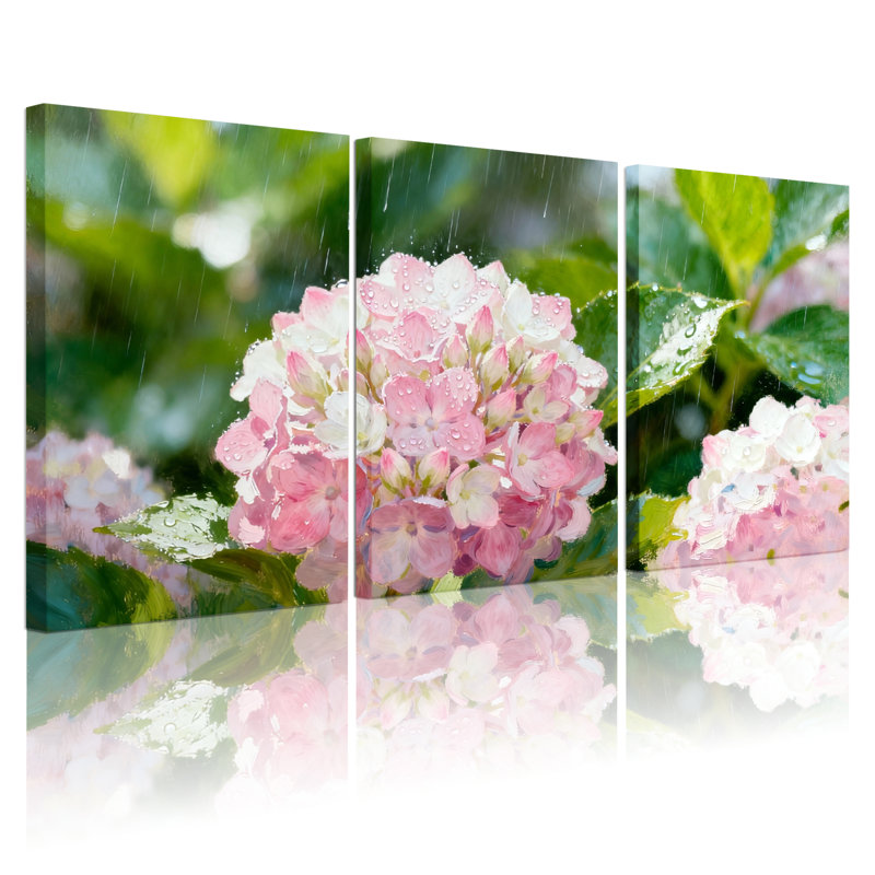 «Rose hortensia rose sous la pluie», art mural tendu sur toile, ensemble floral (ensemble de 3), H 18 po x l 36 po