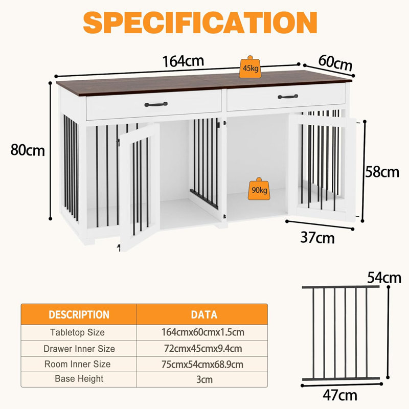 160cm Wide Double Dog Crate Furniture with 2 Drawers - Heavy Duty Wooden Kennel & Sideboard - White