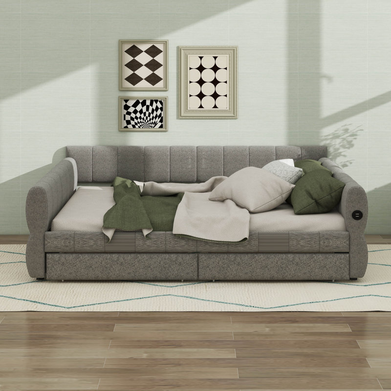 Upholstered Platform Bed With USB Ports & 2 Storage Drawers,King Size Lambswool Platform Bed With Tufted Backrest & Armrests