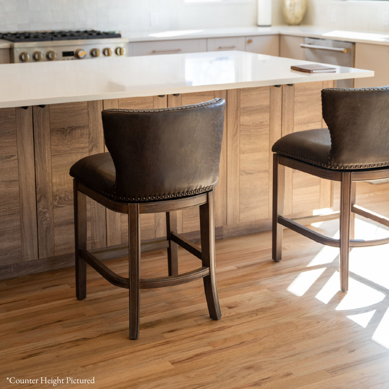 Maven Lane Hugo Stool with Faux Leather Upholstery, Walnut, Bar Stool (31" Seat Height)