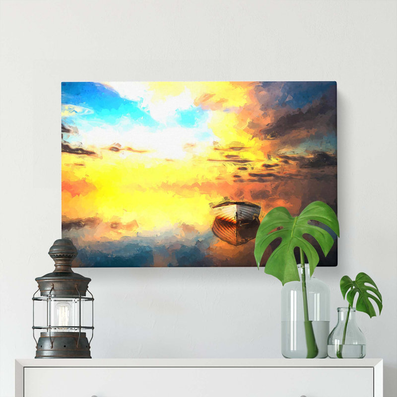 Boat upon a Lake During Sunrise in Abstract - Wrapped Canvas, 35cm H x 50cm W x 3cm D