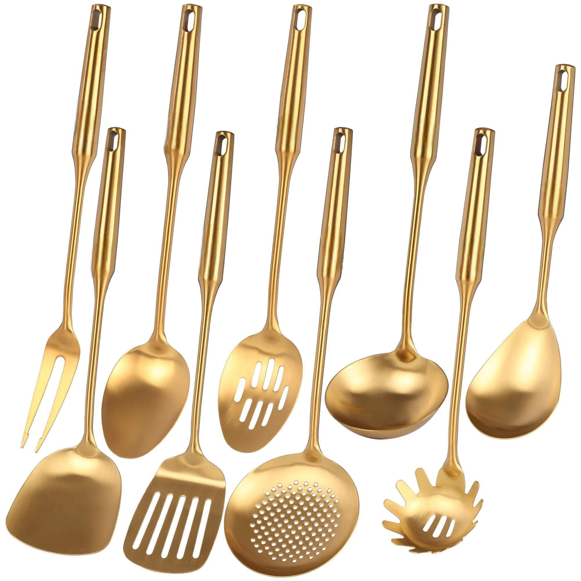 MARLIN MANUFACTURING COMPANY, INCORPORATED Gold Kitchen Utensils Set - 18/10 Stainless Steel Cooking Tools, 15" All Metal Serving Utensils With Fork, Solid/Slotted Spoon, Spatula, Ladle, Skimmer, Tunner, Pasta Spoon, Large Spoon, Set Of 9 | Wayfair