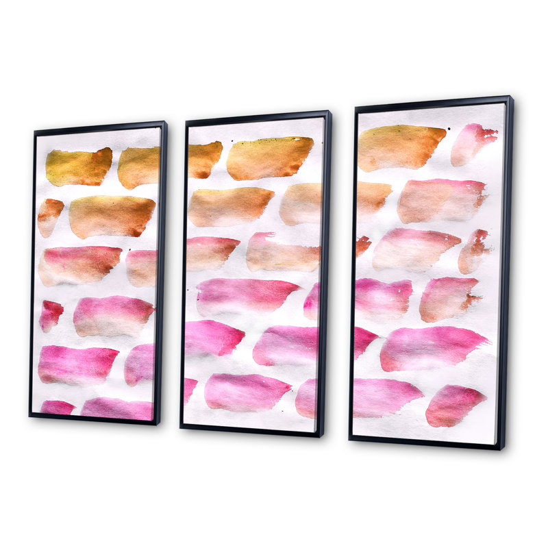 «Pink and Dark Yellow Abstracts Brushes», peinture sur toile 3 pièces, Noir, H 28 po x l 36 po x P 1 po