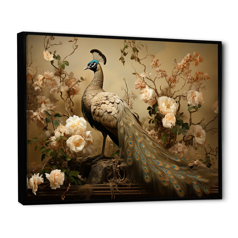 Ornement de fleur de paon classique rétro - impressions encadrées paon, 16" H x 32" W, Cadre flottant noir