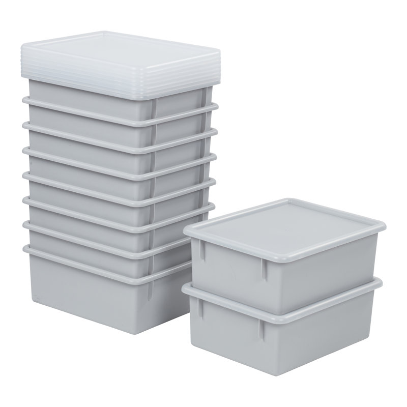 ECR4Kids Letter Size Plastic Tray Organizer with Lids, Large, Storage Bins, 10-Piece, Light Grey