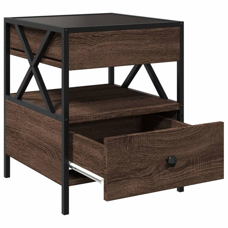 Daneli 40cm W Steel Bedside Table, Brown Oak