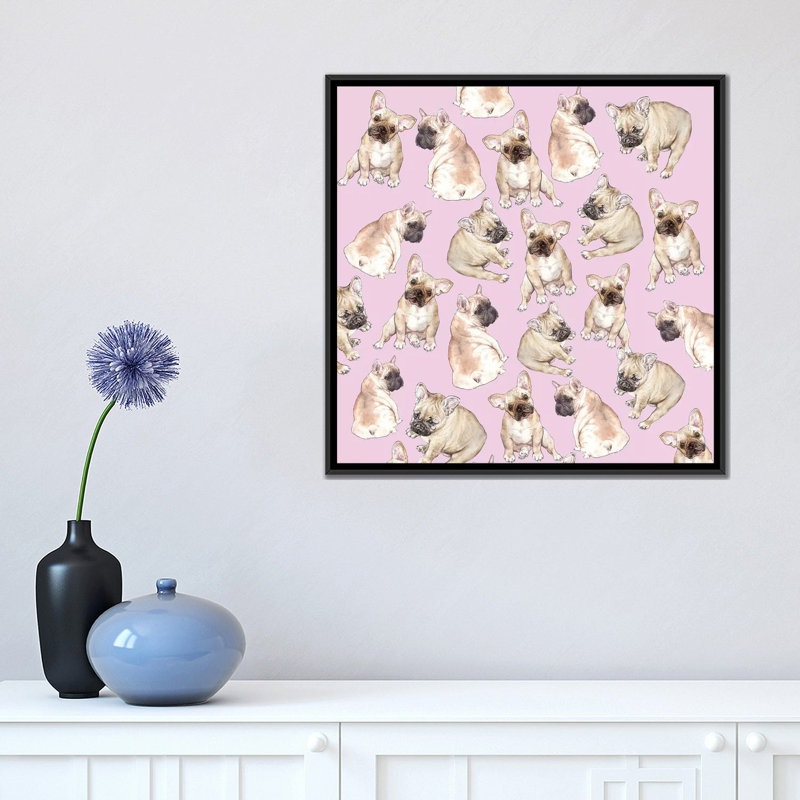 Blonde Frenchies On Pink - Print, 18" H x 18" W x 1.5" D, Black Floater Framed Canvas, No Mat