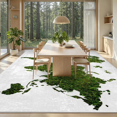 Blue Machine Washable,World Map with Grass Field India Indoor Area Rug