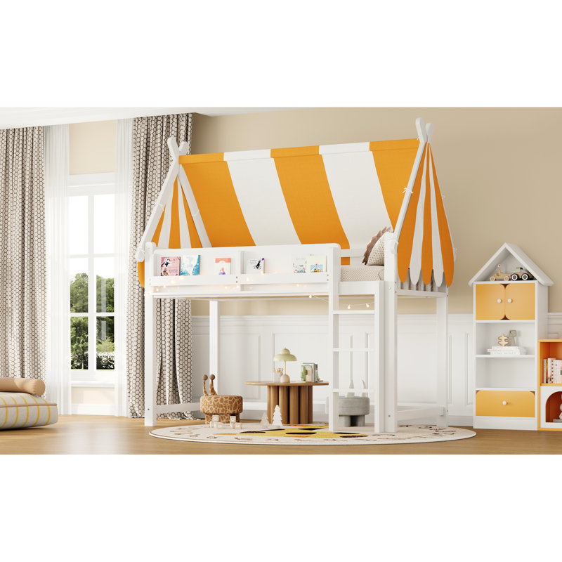 Lit mezzanine blanc avec lit à baldaquin, lumières à DEL et étagère à livres - conception à baldaquin ludique pour la décoration de chambre