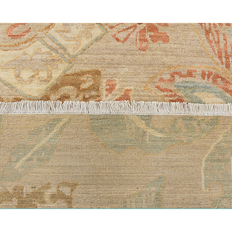 Tapis rectangulaire en laine noué à la main à motif floral sable, Rectangle 9 pi x 12 pi