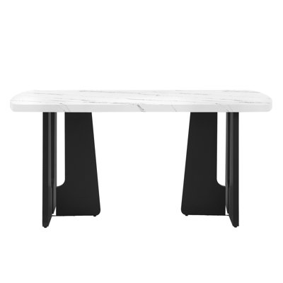 63" Modern Dining Table Black White Faux Marble Wood Top Sturdy Geometric Legs