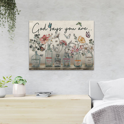 «Flowers Vases And Butterflies - God Says You Are», reproduction d'art graphique sur toile tendue
