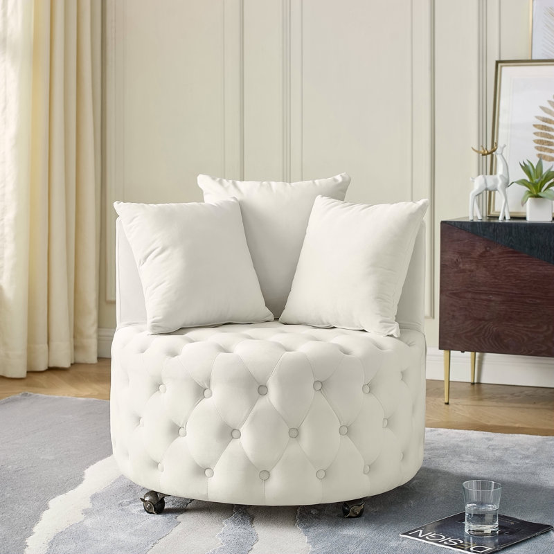 Luxueux fauteuil pivotant rembourré en velours avec capitonnage à boutons et roues mobiles, comprenant 3 coussins pour un confort et un style ultimes