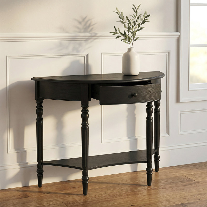 Table d'entrée en demi-lune rustique avec console et rangement pour couloirs étroits, Noir