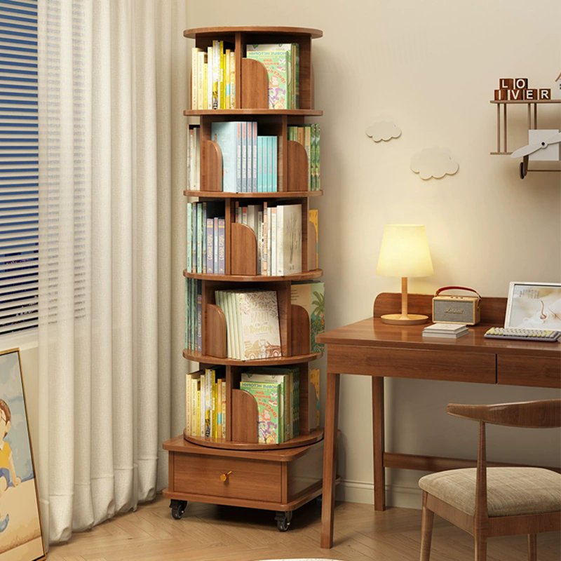 5 Tier Rotating Bookshelf, 360° Display Round Spinning Bookshelf With Wheels, (6 Shelves) 68.1" H x 18.11" W x 18.11" D