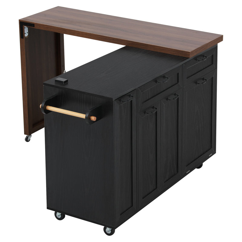 Îlot de cuisine de 102,3 po avec table de salle à manger extensible, chariot d'îlot roulant avec armoire de rangement pour poubelles, support à épices coulissant à 3 niveaux, table d'îlot mobile sur roulettes pour la cuisine, la salle à manger