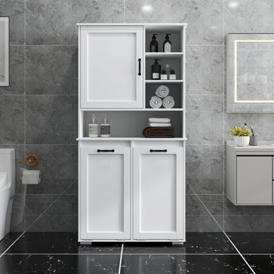Freestanding Laundry Cabinet With Doors And Adjustable Shelves, Tilt-Out Laundry Hamper, Multiple Storage Space, White