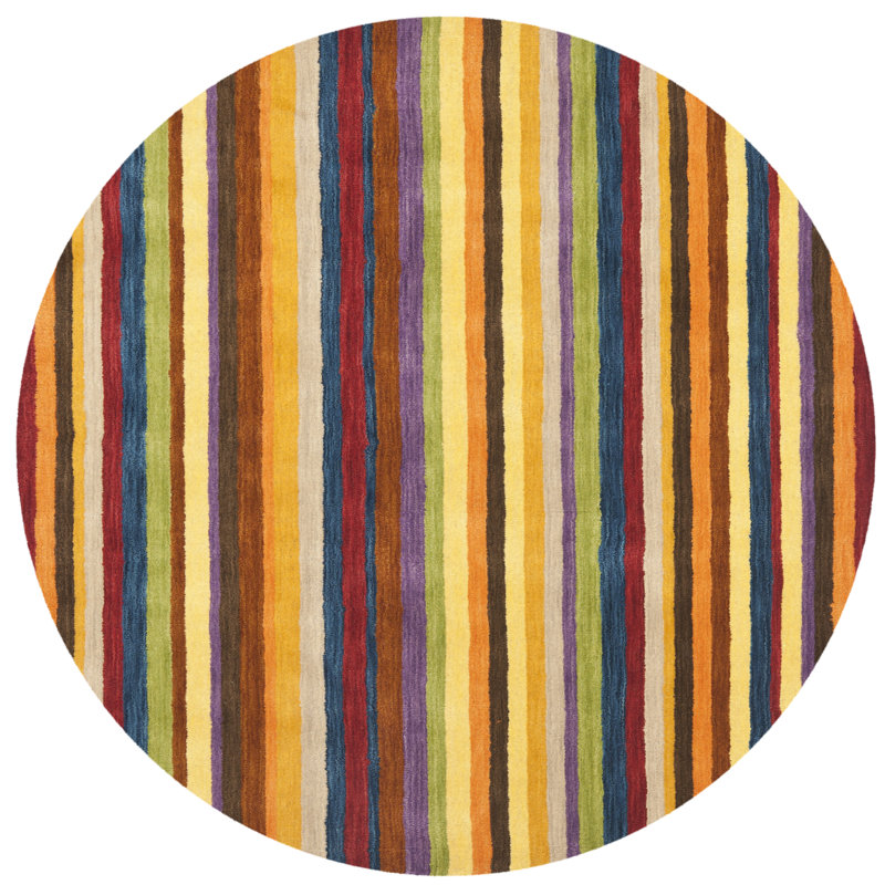 Tapis jaune en laine rayé fait à la main Frann, Rond 8 pi