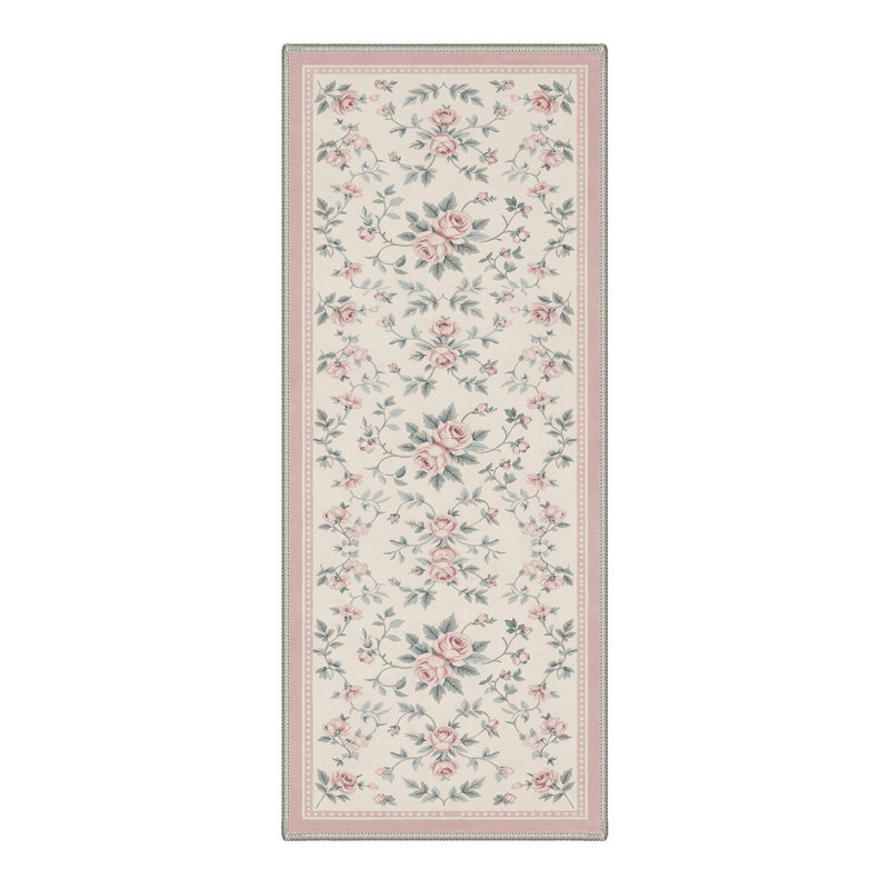 Roselyn Floral Machine Washable Pink / Green / Beige Indoor Area Rug with Non-Slip Backing, Runner 2' x 6'
