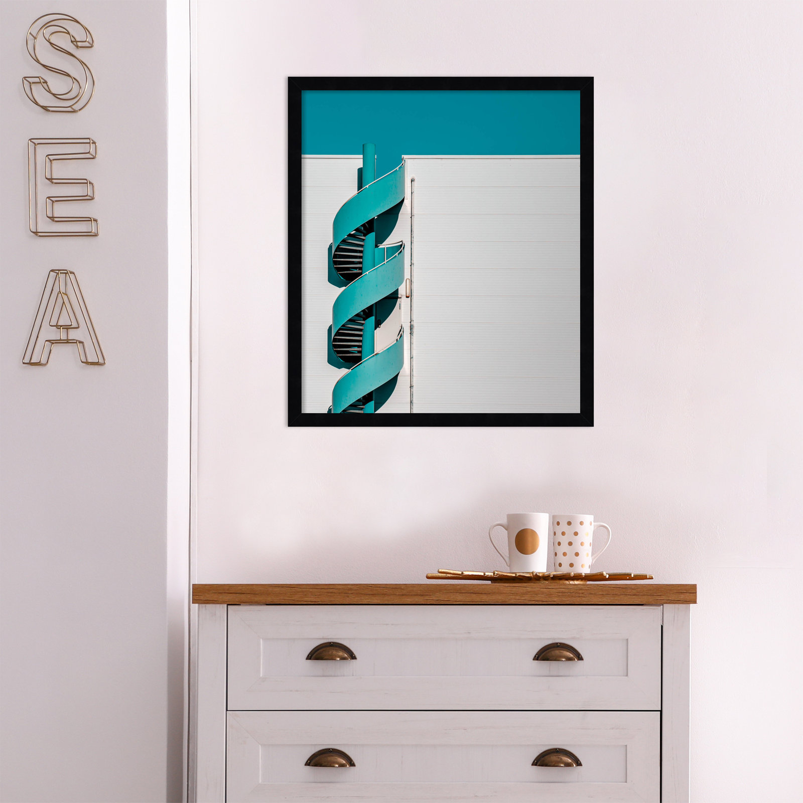 Spiral Staircase Teal Photo Print, Black, 21" H x 19" W x 1" D