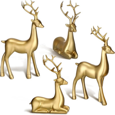 4-piece Gold Resin Reindeer Figurines Standing Sitting Tabletop Decor