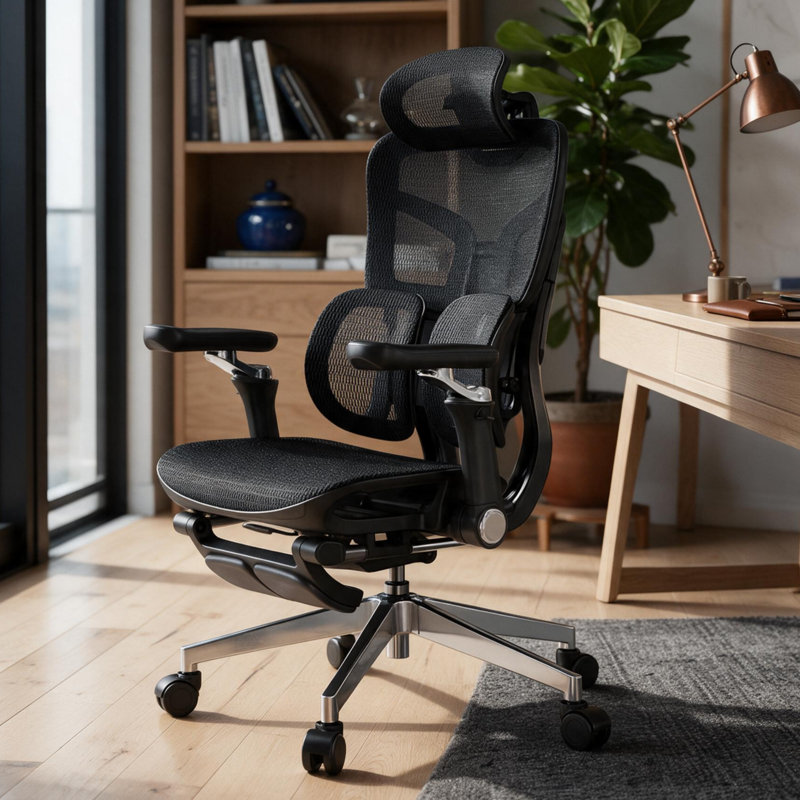 Ergonomic Black Mesh Office Chair with 6D Armrests,3D Headrest,2-Zone Lumbar Support and Retractable Footrest, Black