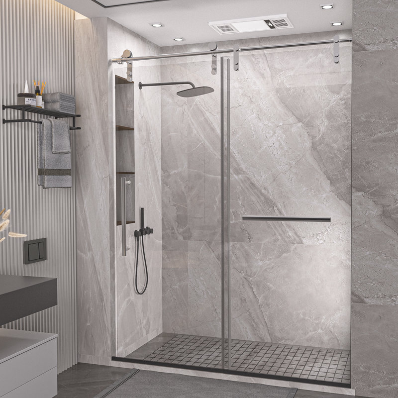 Frameless Sliding Glass Shower Door 56-60" W × 75.5" H Tempered Glass With Stainless Steel Hardware, Brush