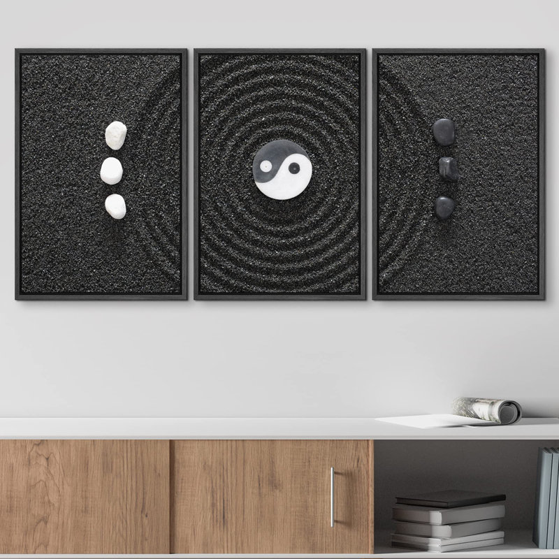 Décoration murale chinoise moderne asiatique avec pierres zen noires et blanches avec Yin et Yang, H 24 po x l 48 po