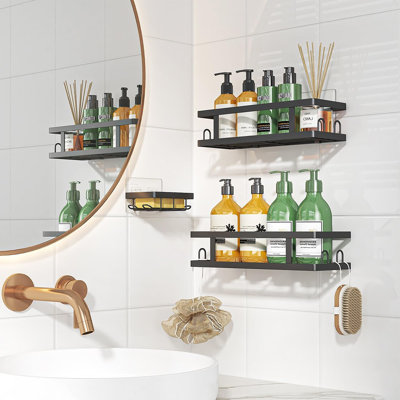 Adhesive Shower Caddy – Black – 3-Pack Rustproof No-Drill Bathroom Organizer With Soap Holder & 12 Hooks