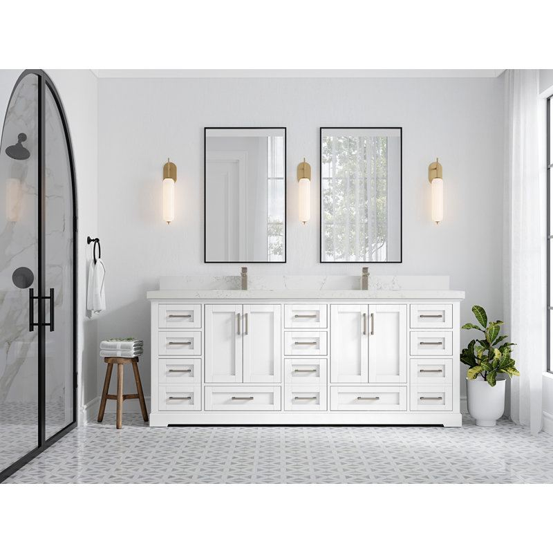 Eser 84'' Double Bathroom Vanity with Top, White, Empira White Quartz