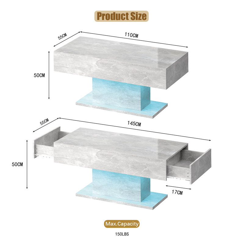 High Gloss LED Rectangular Coffee Table with 2 Drawers, 110cm, Grey