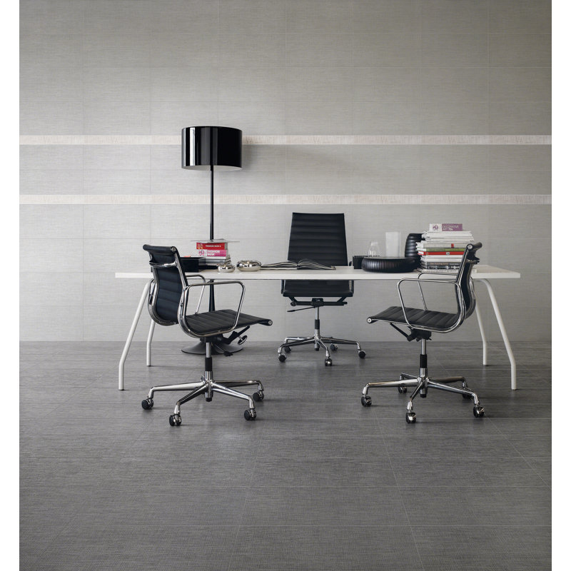Tektile Lineart 24" x 3" Porcelain Bullnose Tile Trim in Gray, Tektile Crosshatch Ivory