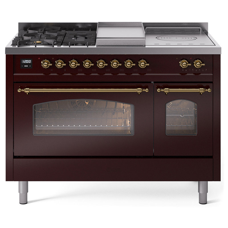 ILVE Nostalgie II 48 Dual Fuel Range, Liquid Propane, Burgundy/Brass