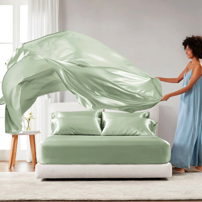 Drap-housse pour lit simple de luxe en satin de sauge 4 pièces