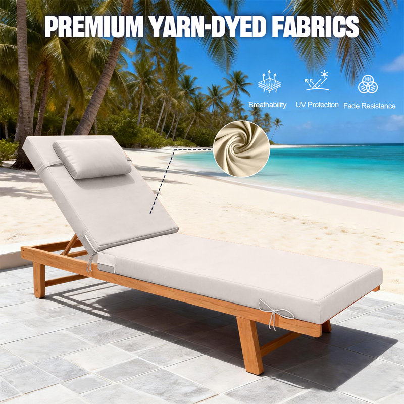 Fade Resistant Outdoor Chaise Lounge Cushions Set Of 2 For Pool, Patio, Lawn And Beach, Patio Lounger Cushion With 6 Pairs Of Securing Straps，Cream
