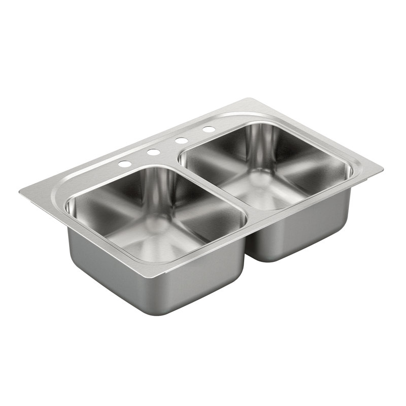 2000 Series 33" x 22" Double Basin Drop-In Kitchen Sink, 4 Hole