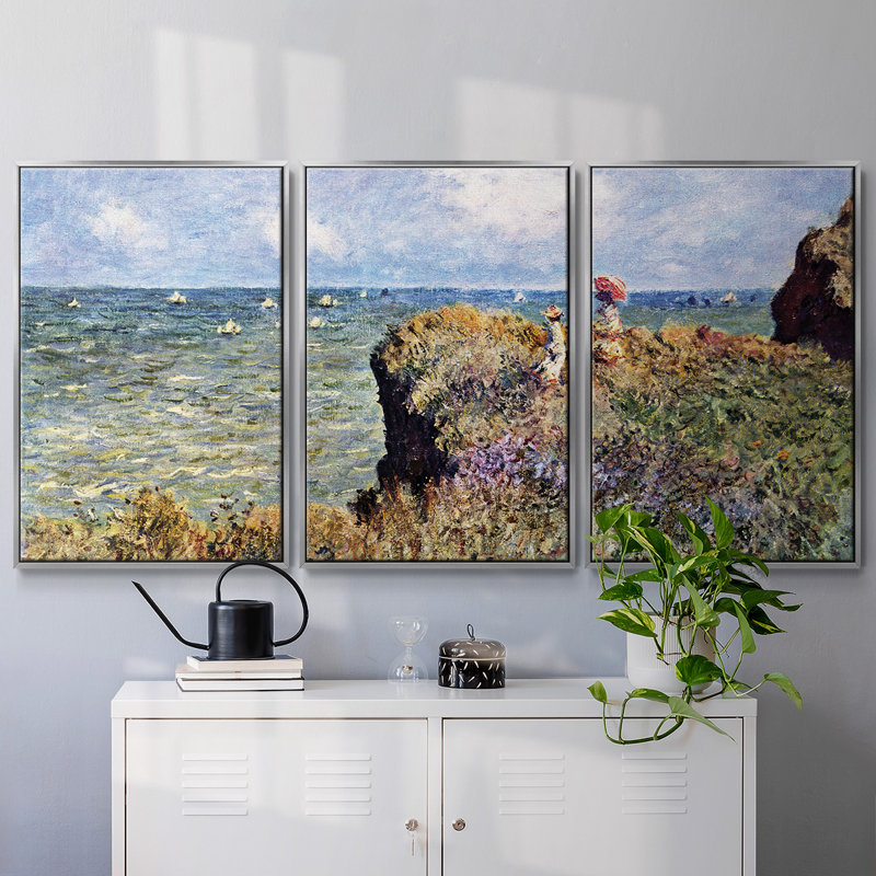Marche sur les falaises par Monet - Toile encadrée multi-pièces, Argent, H 36 po x l 75 po x P 2 po