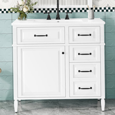 36-Inch Bathroom Vanity With Ceramic Sink Top, Solid Wood Frame And MDF Cabinet, Flip Drawer Design With Adjustable Shelf And Metal Handles, Freestanding Bathroom Storage Cabinet (Faucet Not Included)