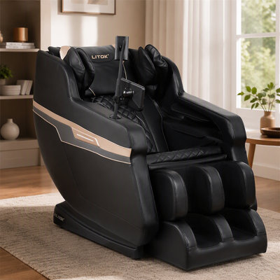 Fauteuil inclinable de massage en polyuréthane noir de 27,63 po de largeur, pression d'air du corps entier sans gravité, dix rouleaux ciblés, 5 modes automatiques, chauffage lombaire, coussins gonflables pour les mollets du bras de l'épaule, repose-pieds rétractable